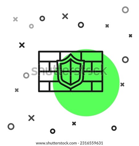 Black line Shield with cyber security brick wall icon isolated on white background. Data protection symbol. Firewall. Network protection.  Vector