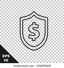 Black line Shield with dollar symbol icon isolated on transparent background. Security shield protection. Money security concept.  Vector Illustration