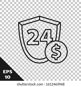 Black line Shield with dollar symbol icon isolated on transparent background. Security shield protection. Money security concept.  Vector Illustration