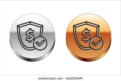 Black line Shield with dollar symbol icon isolated on white background. Security shield protection. Money security concept. Silver-gold circle button. Vector Illustration