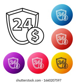 Black line Shield with dollar symbol icon isolated on white background. Security shield protection. Money security concept. Set icons colorful circle buttons. Vector Illustration