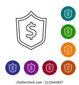 Black line Shield with dollar symbol icon isolated on white background. Security shield protection. Money security concept. Set icons in color circle buttons. Vector