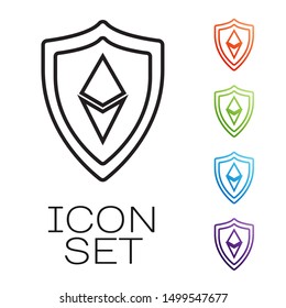 Black line Shield Ethereum ETH icon isolated on white background. Cryptocurrency mining, blockchain technology, security, protect, digital money. Set icons colorful. Vector Illustration