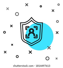 Schwarze Linie Schild Gesichtserkennung Symbol einzeln auf weißem Hintergrund. Scanner-Symbol für Gesichtserkennung. Gesichtsnummer. Cyber-Sicherheitskonzept. Zufällige dynamische Formen. Vektorgrafik