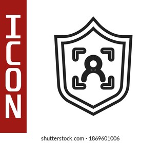 Black line Shield face recognition icon isolated on white background. Face identification scanner icon. Facial id. Cyber security concept.  Vector