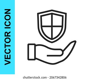 Black line Shield in hand icon isolated on white background. Insurance concept. Guard sign. Security, safety, protection, privacy concept.  Vector