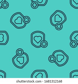 Black line Shield and heart rate icon isolated seamless pattern on green background. Health protection concept. Health care.  Vector Illustration