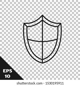 Black line Shield icon isolated on transparent background. Guard sign. Security, safety, protection, privacy concept.  Vector Illustration