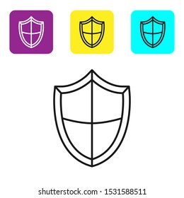 Black line Shield icon isolated on white background. Guard sign. Security, safety, protection, privacy concept. Set icons colorful square buttons. Vector Illustration