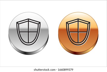 Schwarze Linie Schild Symbol einzeln auf weißem Hintergrund. Schutzschild. Sicherheit, Sicherheit, Schutz, Datenschutz Silbergoldknöpfe. Vektorillustration-Illustration