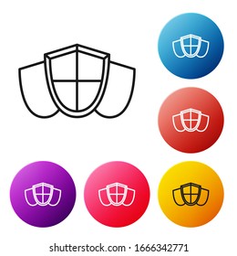 Black line Shield icon isolated on white background. Guard sign. Security, safety, protection, privacy concept. Set icons colorful circle buttons. Vector Illustration