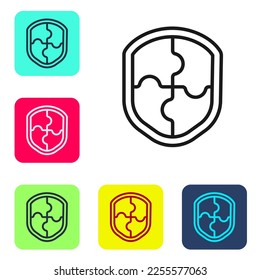 Icono de Escudo de línea negra aislado en fondo blanco. Signo de guardia. Seguridad, seguridad, protección, concepto de privacidad. Establezca iconos en los botones cuadrados de color. Ilustración vectorial