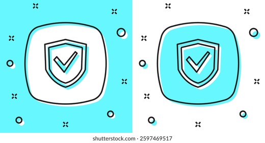 Black line Shield icon isolated on green and white background. Insurance concept. Guard sign. Security, safety, protection, privacy concept. Random dynamic shapes. Vector