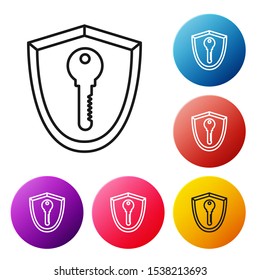 Black line Shield with key icon isolated on white background. Protection and security concept. Safety badge icon. Privacy banner. Defense tag. Set icons colorful circle buttons. Vector Illustration