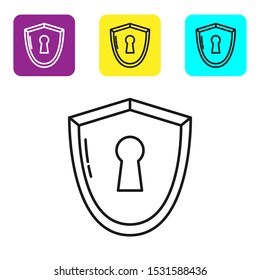 Black line Shield with keyhole icon isolated on white background. Protection, security concept. Safety badge icon. Privacy banner. Defense tag. Set icons colorful square buttons. Vector Illustration