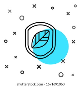 Black line Shield with leaf icon isolated on white background. Eco-friendly security shield with leaf. Random dynamic shapes. Vector Illustration