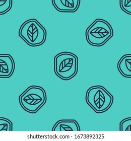 Black line Shield with leaf icon isolated seamless pattern on green background. Eco-friendly security shield with leaf.  Vector Illustration