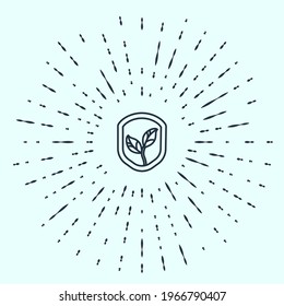 Black line Shield with leaf icon isolated on grey background. Eco-friendly security shield with leaf. Abstract circle random dots. Vector