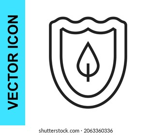 Schwarzer Linienschild mit Blattsymbol einzeln auf weißem Hintergrund. Öko-freundliches Sicherheitsschild mit Blatt.  Vektorgrafik