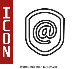Black line Shield with mail and e-mail icon isolated on white background. Guard sign. Security, safety, protection, privacy concept.  Vector Illustration