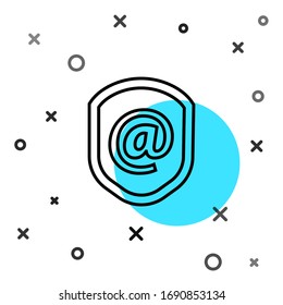 Black line Shield with mail and e-mail icon isolated on white background. Guard sign. Security, safety, protection, privacy concept. Random dynamic shapes. Vector Illustration