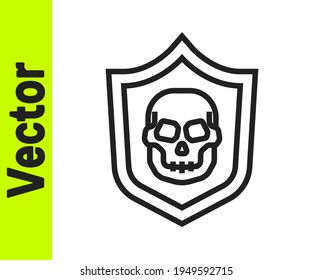 Black line Shield with pirate skull icon isolated on white background.  Vector