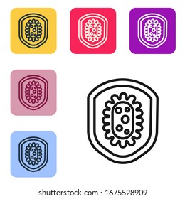 Black line Shield protecting from virus, germs and bacteria icon isolated on white background. Immune system concept. Corona virus 2019-nCoV. Set icons in color square buttons. Vector Illustration