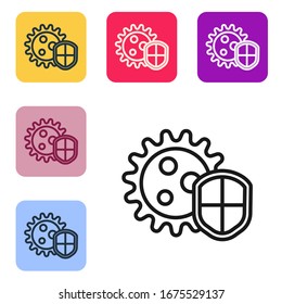 Black line Shield protecting from virus, germs and bacteria icon isolated on white background. Immune system concept. Corona virus 2019-nCoV. Set icons in color square buttons. Vector Illustration