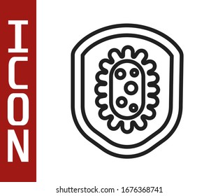 Black line Shield protecting from virus, germs and bacteria icon isolated on white background. Immune system concept. Corona virus 2019-nCoV.  Vector Illustration