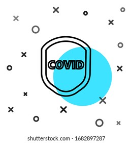 Black line Shield protecting from virus, germs and bacteria icon isolated on white background. Immune system concept. Corona virus covid-19. Random dynamic shapes. Vector Illustration