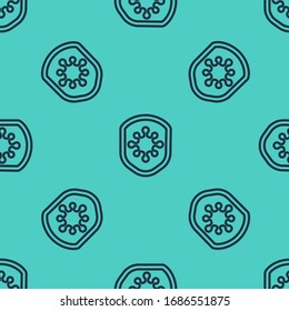 Black line Shield protecting from virus, germs and bacteria icon isolated seamless pattern on green background. Immune system concept. Corona virus 2019-nCoV.  Vector Illustration