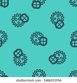 Black line Shield protecting from virus, germs and bacteria icon isolated seamless pattern on green background. Immune system concept. Corona virus 2019-nCoV.  Vector Illustration