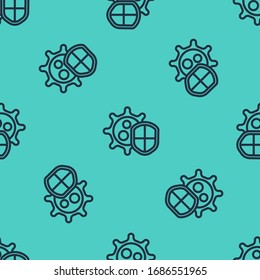 Black line Shield protecting from virus, germs and bacteria icon isolated seamless pattern on green background. Immune system concept. Corona virus 2019-nCoV.  Vector Illustration