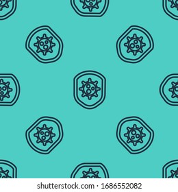 Black line Shield protecting from virus, germs and bacteria icon isolated seamless pattern on green background. Immune system concept. Corona virus 2019-nCoV.  Vector Illustration
