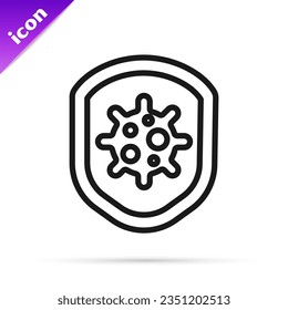 Black line Shield protecting from virus, germs and bacteria icon isolated on white background. Immune system concept. Corona virus 2019-nCoV.  Vector