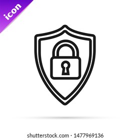 Black line Shield security with lock icon isolated on white background. Protection, safety, password security. Firewall access privacy sign.  Vector Illustration