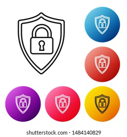 Black line Shield security with lock icon isolated on white background. Protection, safety, password security. Firewall access privacy sign. Set icons colorful circle buttons. Vector Illustration