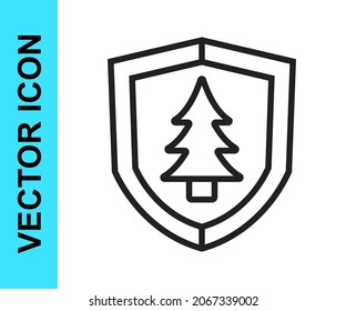 Black line Shield with tree icon isolated on white background. Eco-friendly security shield with tree.  Vector
