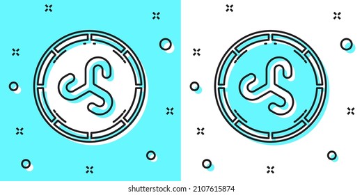 Icono de visualización del Escudo de línea negra aislado en fondo verde y blanco. Escudo redondo de madera. Seguridad, seguridad, protección, privacidad, concepto de guardia. Formas dinámicas aleatorias. Vector