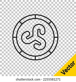 Icono de visualización del Escudo de línea negra aislado en fondo transparente. Escudo redondo de madera. Seguridad, seguridad, protección, privacidad, concepto de guardia.  Vector