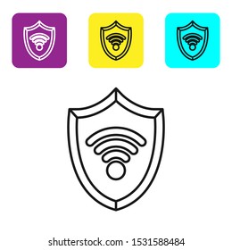 Black line Shield with WiFi wireless internet network symbol icon isolated on white background. Protection safety concept. Set icons colorful square buttons. Vector Illustration