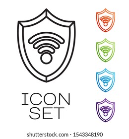 Black line Shield with WiFi wireless internet network symbol icon isolated on white background. Protection safety concept. Set icons colorful. Vector Illustration