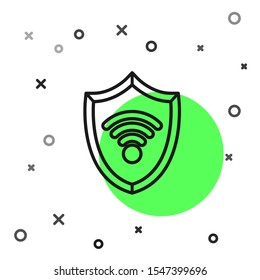 Black line Shield with WiFi wireless internet network symbol icon isolated on white background. Protection safety concept.  Vector Illustration