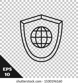 Black line Shield with world globe icon isolated on transparent background. Security, safety, protection, privacy concept.  Vector Illustration