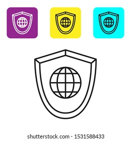 Black line Shield with world globe icon isolated on white background. Security, safety, protection, privacy concept. Set icons colorful square buttons. Vector Illustration