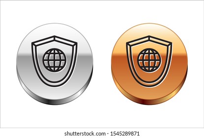 Black line Shield with world globe icon isolated on white background. Security, safety, protection, privacy concept. Silver-gold circle button. Vector Illustration