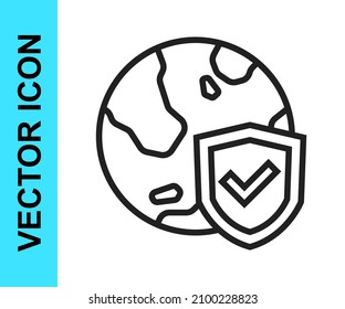 Escudo de línea negra con icono mundial aislado en fondo blanco. Concepto de seguro. Seguridad, seguridad, protección, concepto de privacidad.  Vector
