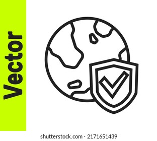 Black line Shield with world globe icon isolated on white background. Insurance concept. Security, safety, protection, privacy concept.  Vector