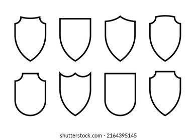 Black line shields of different shapes set vector illustration. Abstract internet safety linear icons collection, simple indicator for mobile apps of digital anti virus protection, web site guard