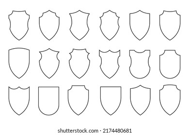 Black line shields of different shapes set vector illustration. Abstract internet safety linear icons collection, simple indicator for mobile apps of digital anti virus protection, web site guard